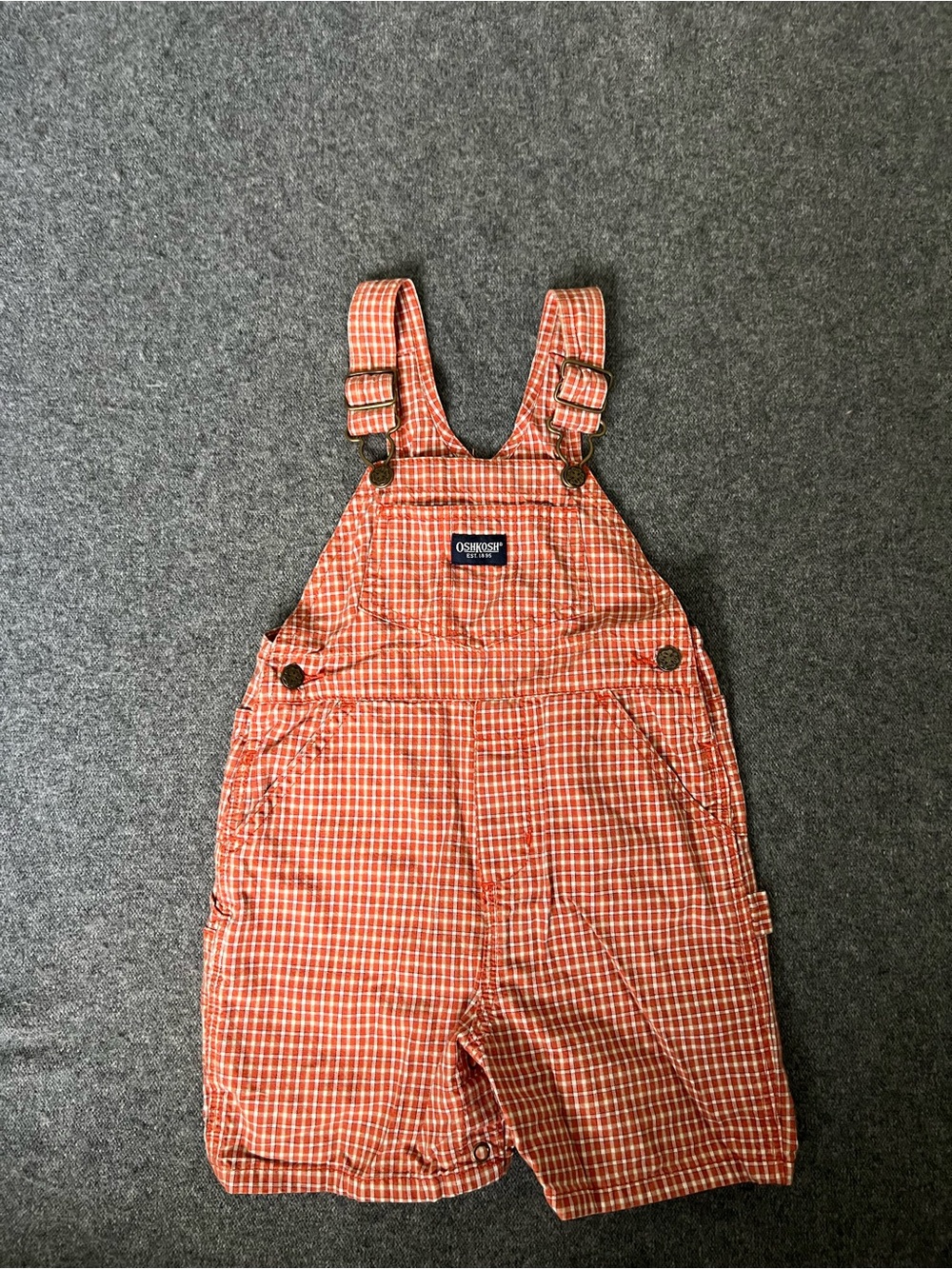 OshKosh B’gosh 24 Months Orange Plaid Shortalls Romper Y2K Baby Overalls